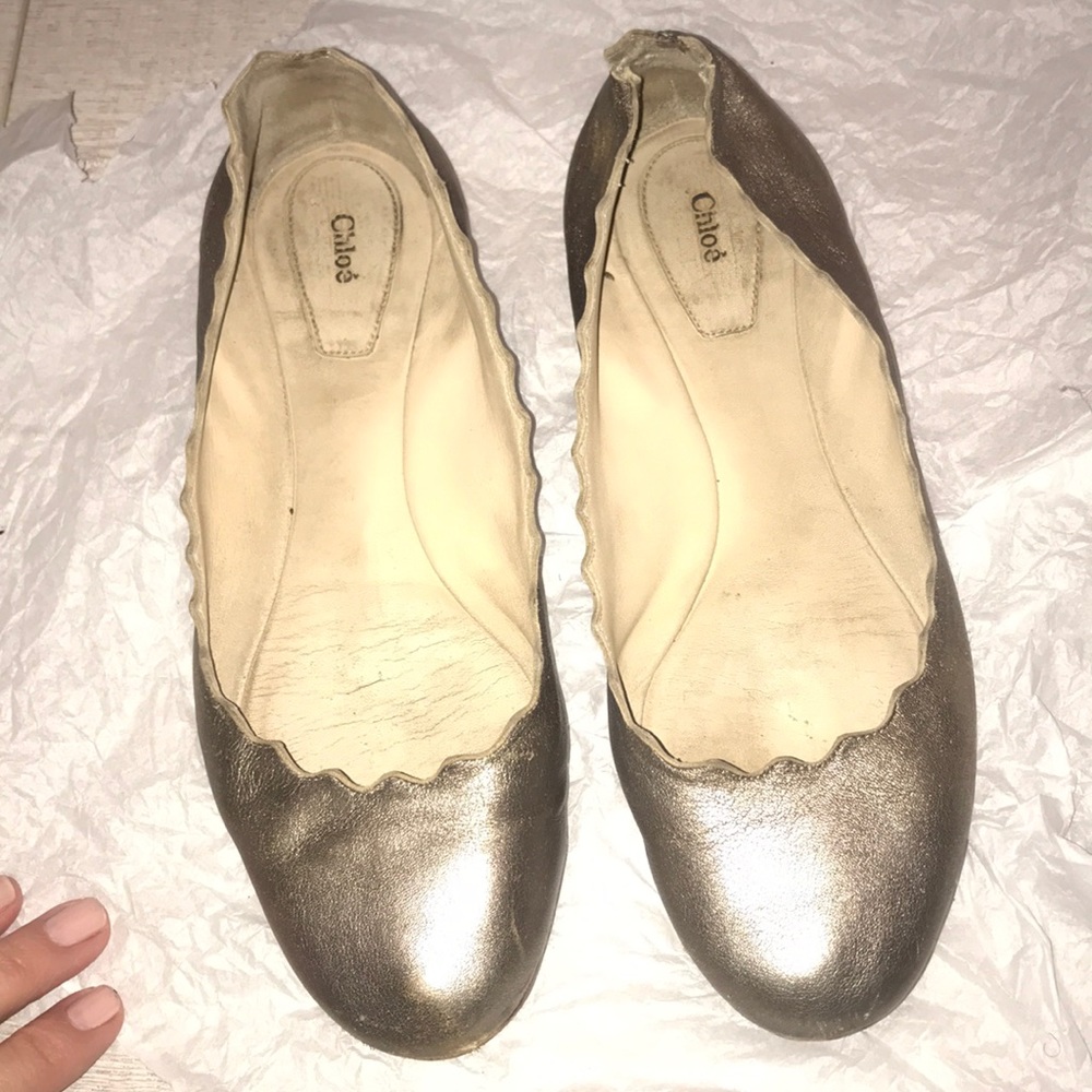 Chloe gold flats scalloped leather